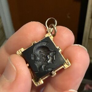 Antique Roman Victorian gold 10k locket banded agate and glass
